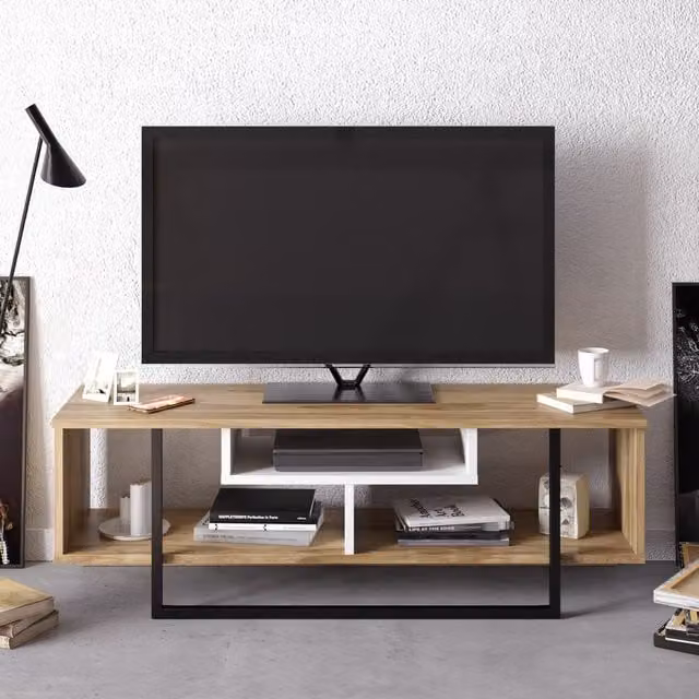 Decorotika Asal Minimalist TV Unit in Oud, White and Black, Width: 120 cm