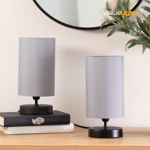 ValueLights Francis Dimmable Touch Table Lamp with Grey Fabric Shade and Black Metal Cylinder Base – 3