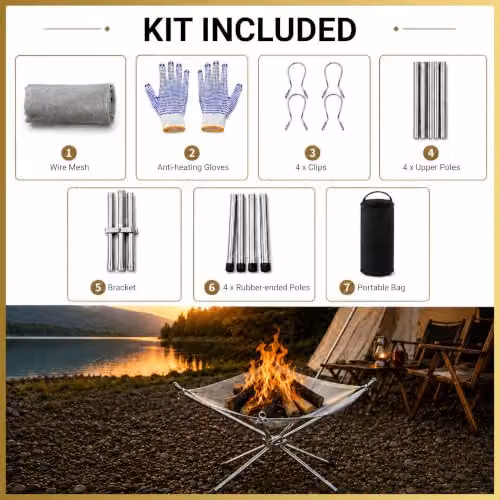 Shatchi Portable Stainless Steel Mesh Fire Pit in Silver with Heat Resistant Gloves and Carrying Bag, Diameter: 42 cm – 4
