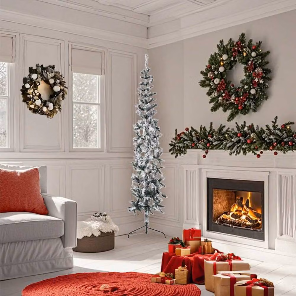 Berkfield Home Slim Artificial Flocked Half Christmas Tree in Green and White, Height: 180 cm – 3