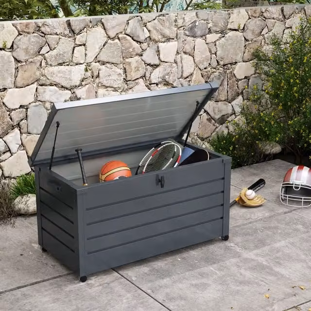 OUTSUNNY 331L Waterproof Outdoor Storage Box with Wheels and Lock in Dark Grey