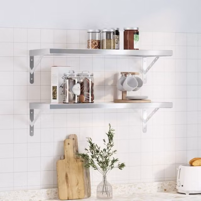 Berkfield Home Wall Mounted Silver Stainless Steel Shelves, 2 Pack, W: 75 cm, D: 30 cm