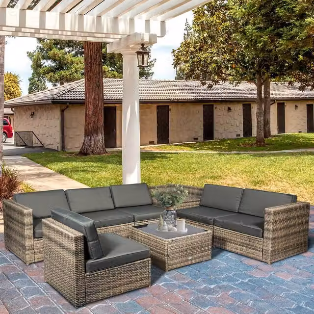 OUTSUNNY 8-Piece Brown Rattan Patio Sofa Set with Cushions and Side Table