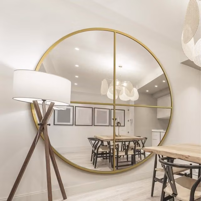 MirrorOutlet The Fenestra Modern Round Hanging Metal and Glass Mirror in Gold