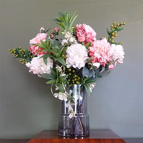 Leaf Design UK Peony Floral Display with Round Glass Vase in Pink, Grey and Green, H: 65 cm, W: 50 cm, D: 50 cm – 2
