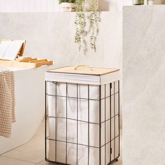 Wyld and Coco Black Metal Laundry Basket with Natural Bamboo Lid and Removable Fabric Bin