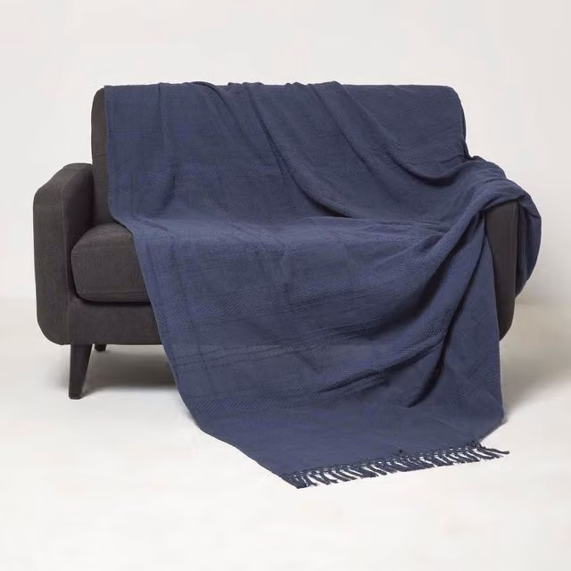 Homescapes Kashi Woven Cotton Throw with Fringes in Blue, 255 cm