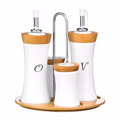 Orsina 4-Piece Refillable Bamboo and Ceramic Condiment Set with Oil and Vinegar Bottles, White, H19 x W19 x D9 cm – 1