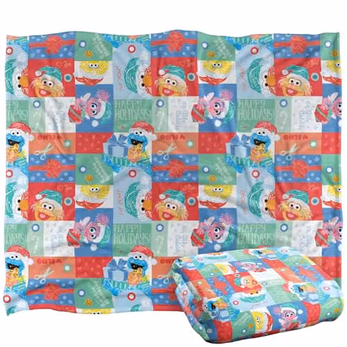 LOGOVISION Sesame Street Happy Holiday Squares Pattern Super Soft Fleece Throw Blanket, Multicolour, W/D/H: 152 x 127 cm