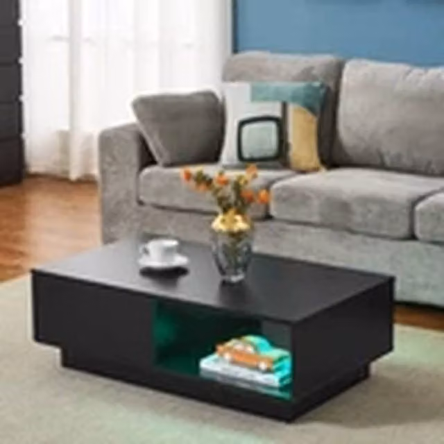 EONLION Modern Black Coffee Table with Storage Drawer and Shelf
