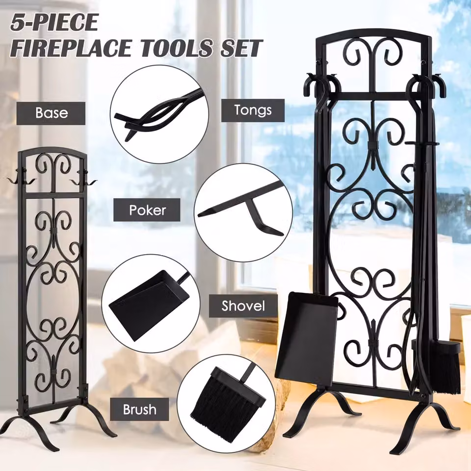 Costway 5 Piece Fireplace Tool Set with Easy-To-Grab Handles, Black – 5