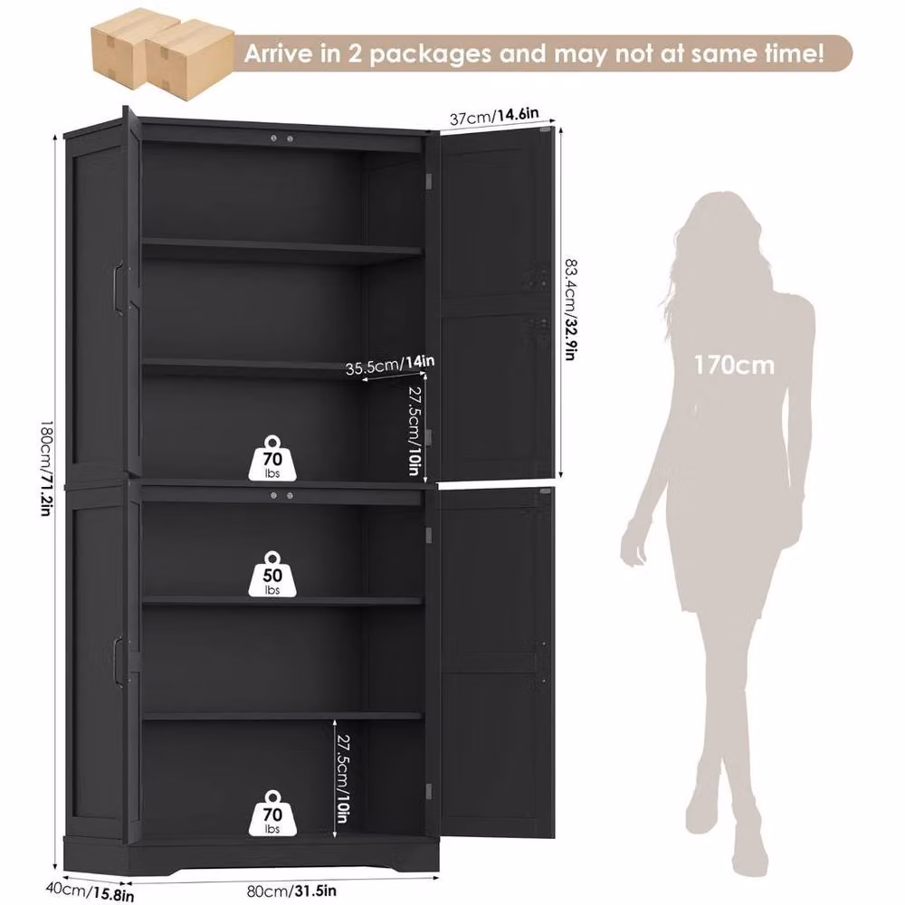 PAWNORA Black Tall Kitchen Storage Cabinet with Hinged Doors, H 180 x W 79.5 x D 35.5 cm – 2