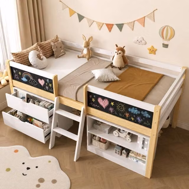 Merax White Single Mid Sleeper Cabin Bed with 2 Drawers and 2 Blackboards, W/D/H: 190 x 90 x 169 cm