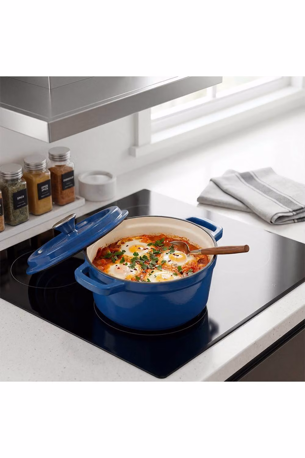 Living and Home Enamelled Cast Iron Dutch Oven Casserole Pot with Glass Lid, Dark Blue – 2