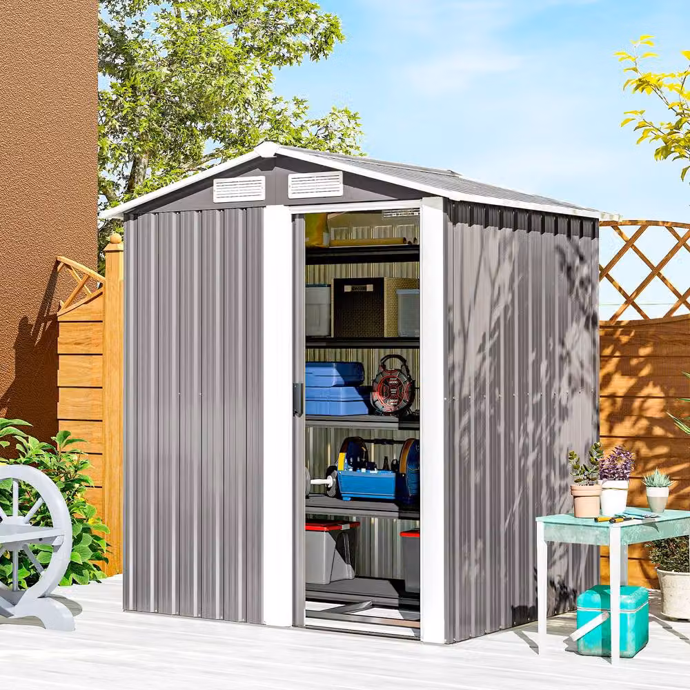 Rolipo Grey Metal Pent Garden Shed with Foundation Kit, W: 152 cm, D: 132 cm, H: 188 cm – 2
