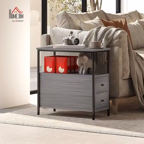HOMCOM Industrial Side Table with 2 Drawers and Storage Shelf, Grey and Black – 2
