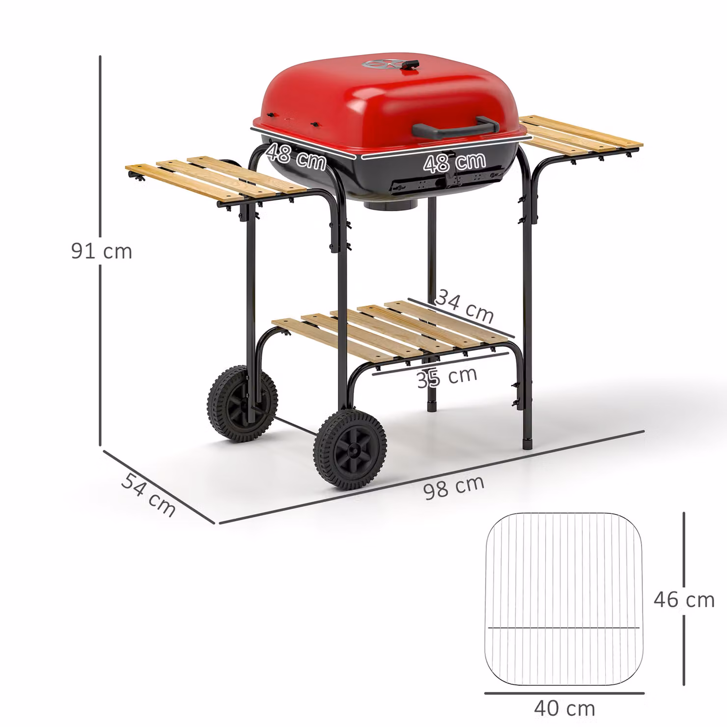Outsunny Red Charcoal Barbecue Grill with 1840 cm² Cooking Area, Warming Rack and Wheels – 3