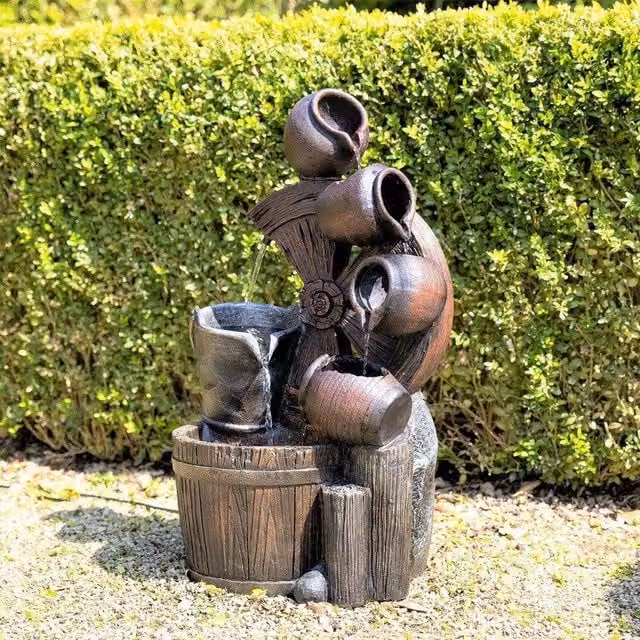 Primrose Santana Cascading Bowls Windmill and Bucket Water Feature with Lights in Brown, Height: 61 cm – 1