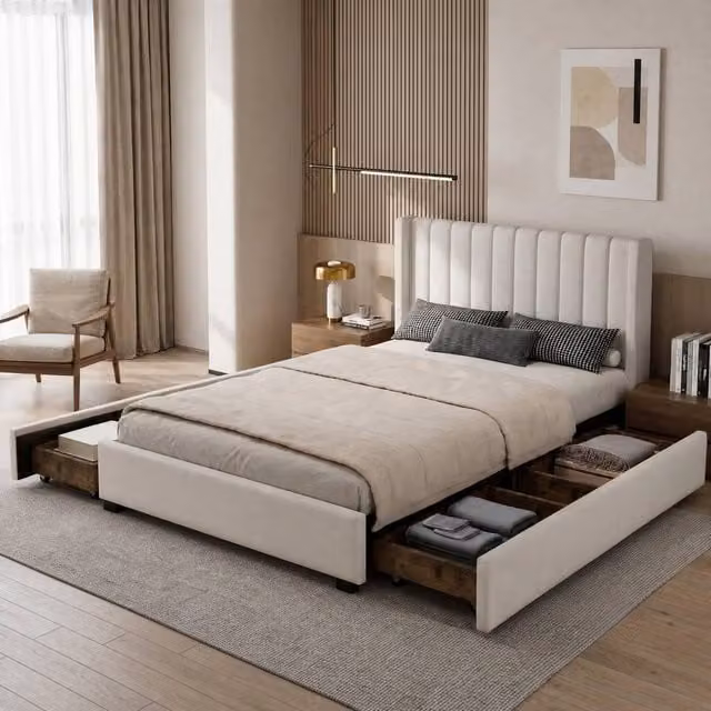 Merax Double Upholstered Storage Bed with 4 Drawers in Beige