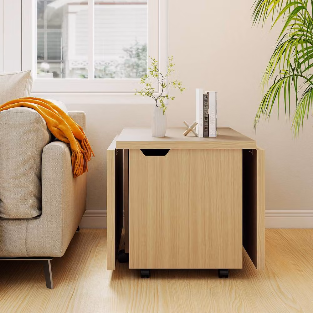 Costway Extendable Coffee Table with Storage and Castors in Light Oak, 120 cm – 3