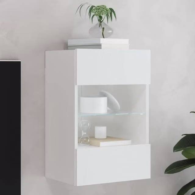 Berkfield Home Modern Wall Mounted TV Cabinet with LED Lighting and Glass Doors, White, W/D/H: 40 x 30 x 60.5 cm