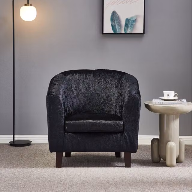 Comfy Living Black Crush Velvet Tub Chair with Armrests and Solid Wood Frame