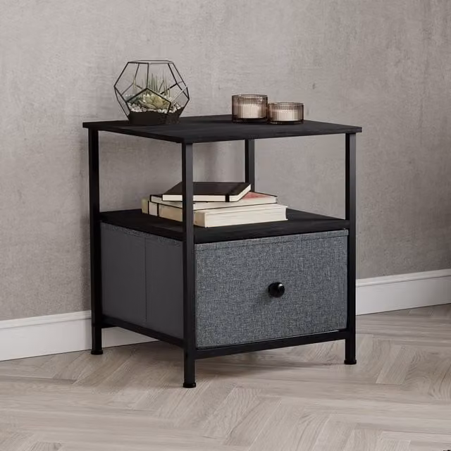 Vida Designs Modern Fabric and Metal Bedside Table in Grey and Black