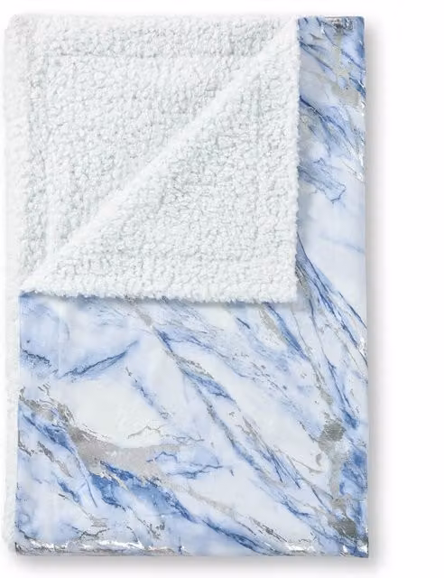 Velosso Elegant Sherpa Backed Throw Blanket in Blue with Metallic Marble Pattern, W: 100 cm, L: 190 cm