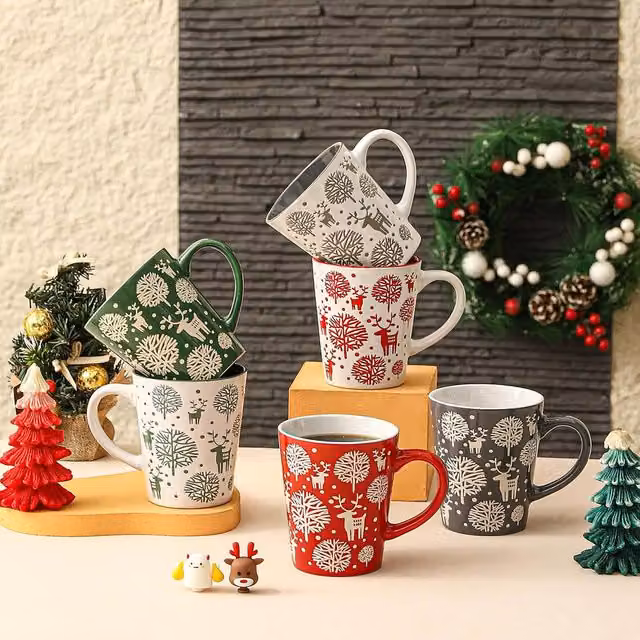 Simpa 6-Piece Christmas Reindeer Stoneware Mug Set, Multicolour, 350ml per mug
