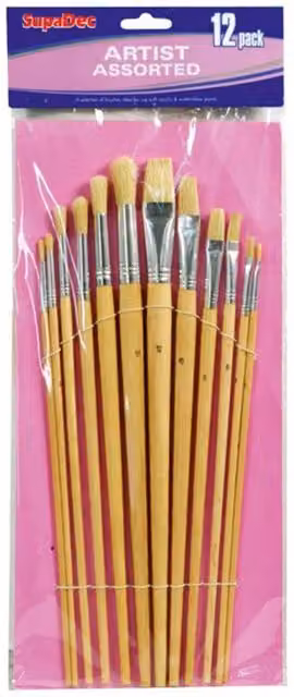 SupaDec 12 Pack Wooden Paint Brush Set in Yellow and Multicolour