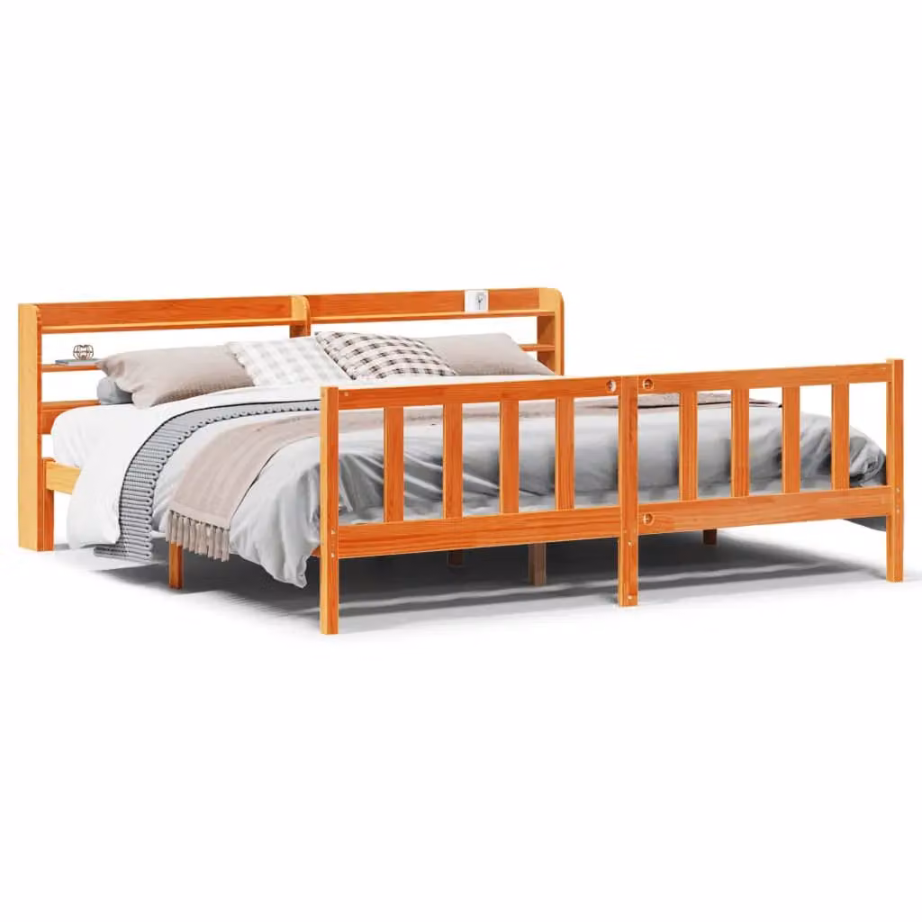 Berkfield Home Solid Pine Bed Frame with Headboard and Side Compartments in Wax Brown, 200 x 200 cm – 2