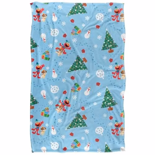 Sesame Street Holiday Footprints In The Snow Pattern Super Soft Silky Feel Blue Multicolour Fleece Blanket – 1