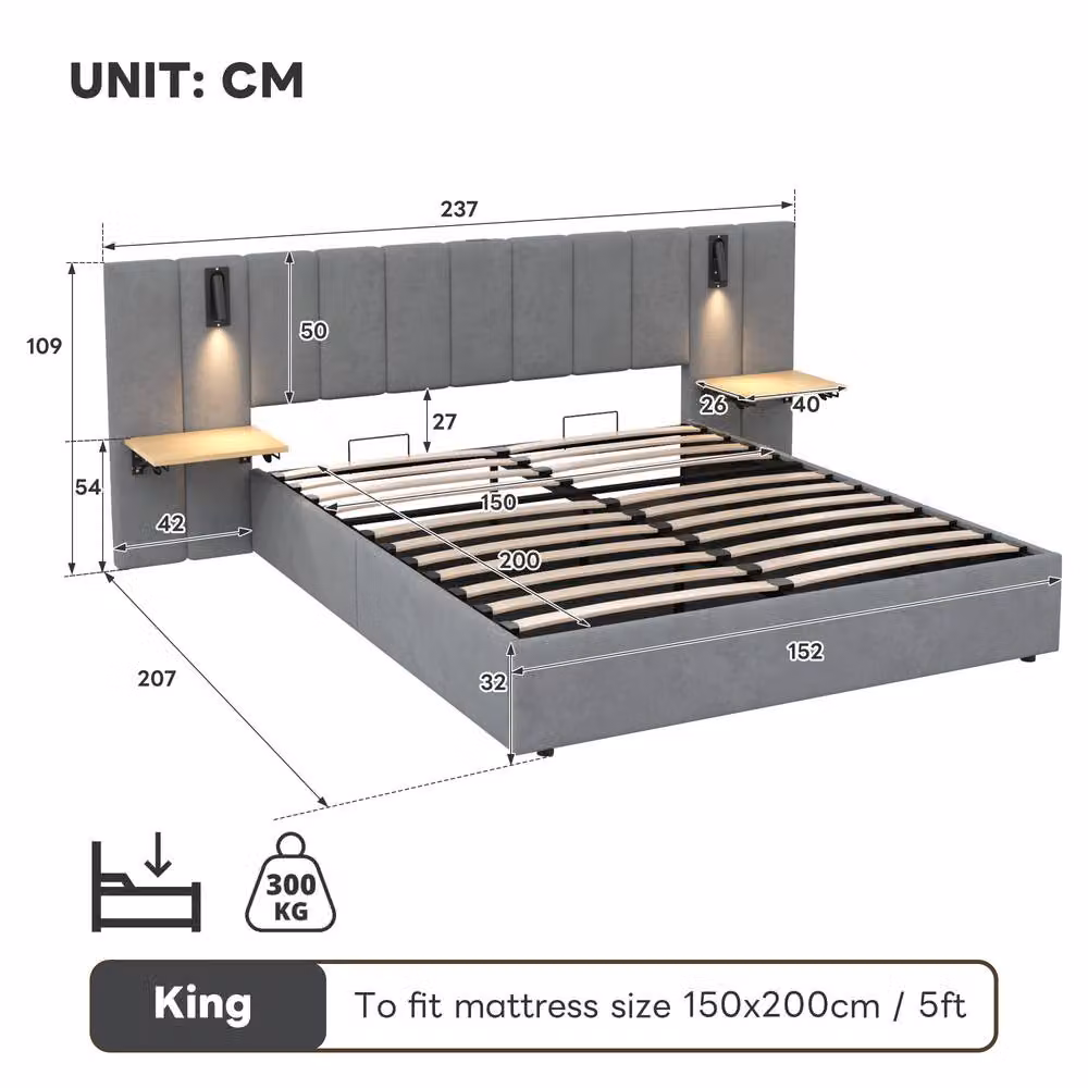 Rolipo King Size Grey Velvet Ottoman Bed with USB Charging Port, Integrated Reading Light and Bedside Shelf, W/D/H: 180 x 200 cm – 5