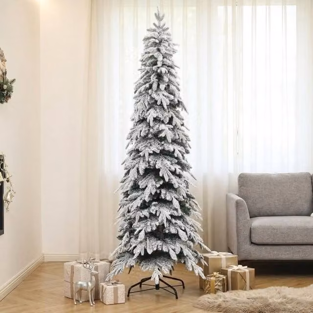 STILVORA 7ft Slim Snowy Christmas Tree in White with Metal Base