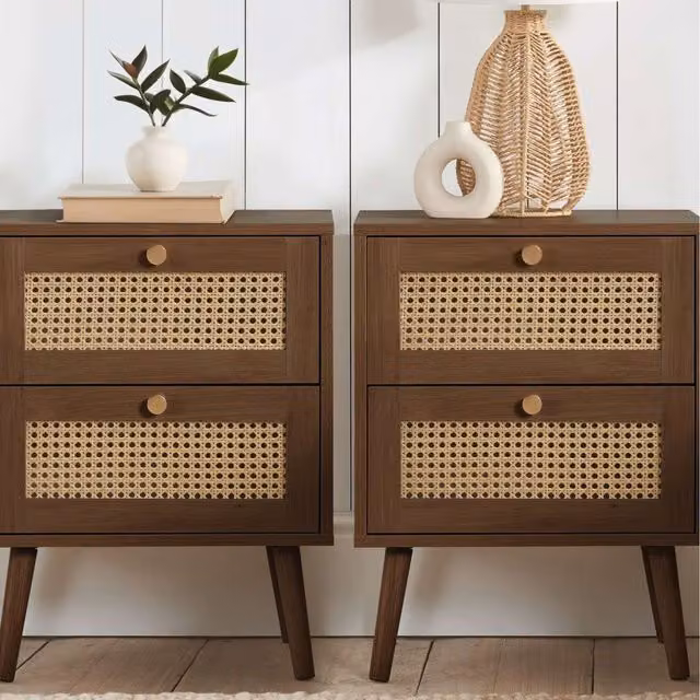 Croxley Pair of 2-Drawer Bedside Tables in Walnut with Rattan Details