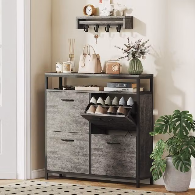 HOMCOM Industrial Narrow Shoe Cabinet with 4 Tilting Compartments in Grey, Brown and Black