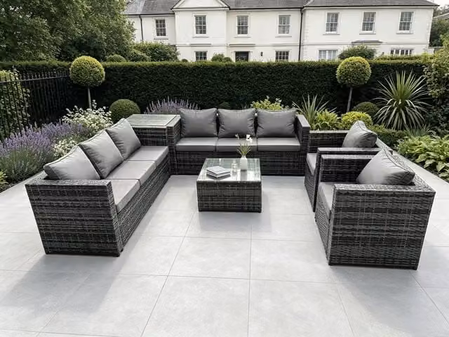 Fimous 8 Seater Rattan Garden Furniture Set in Dark Grey with 3 Seater Sofa, 2 Armchairs, Coffee Table and Side Table