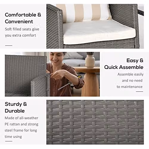 Outsunny 3 Piece Modern Rattan Outdoor Sofa Set with Lounge Armchairs, Coffee Table and Striped Cushions in Grey – 4