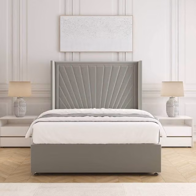 BSSPOKE Alina Divan Bed Set with 54 inch Plush Velvet Headboard and Mattress in Silver, W/D/H: 90 x 190 cm