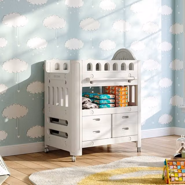 Komore Mobile Baby Diaper Changing Unit with 4 Drawers and Storage Shelf in Beige, Grey and White