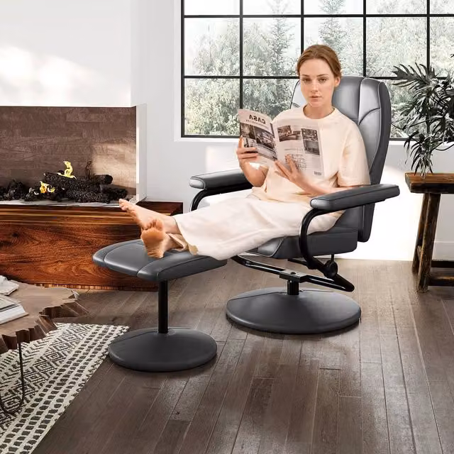 Costway Grey 360 Swivel Reclining Chair with Adjustable Backrest and Ottoman – 1