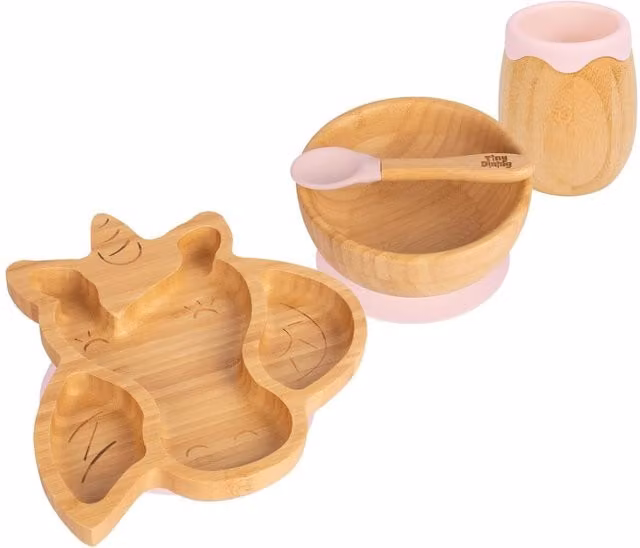 Tiny Dining Unicorn 4pc Bamboo and Silicone Suction Baby Feeding Set in Pink