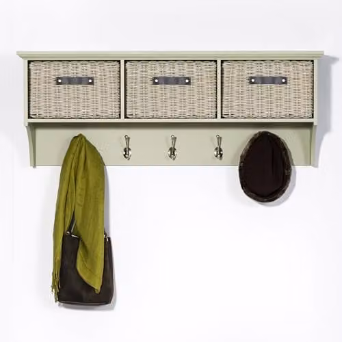 Statement Furniture Tetbury Large Wall Mounted Coat Rack with Hanging Shelf and 3 Brown Storage Baskets in Light Green