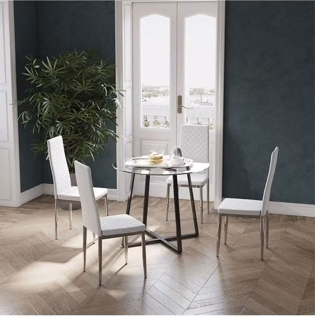 Living and Home Modern Round Tempered Glass Dining Table in Transparent