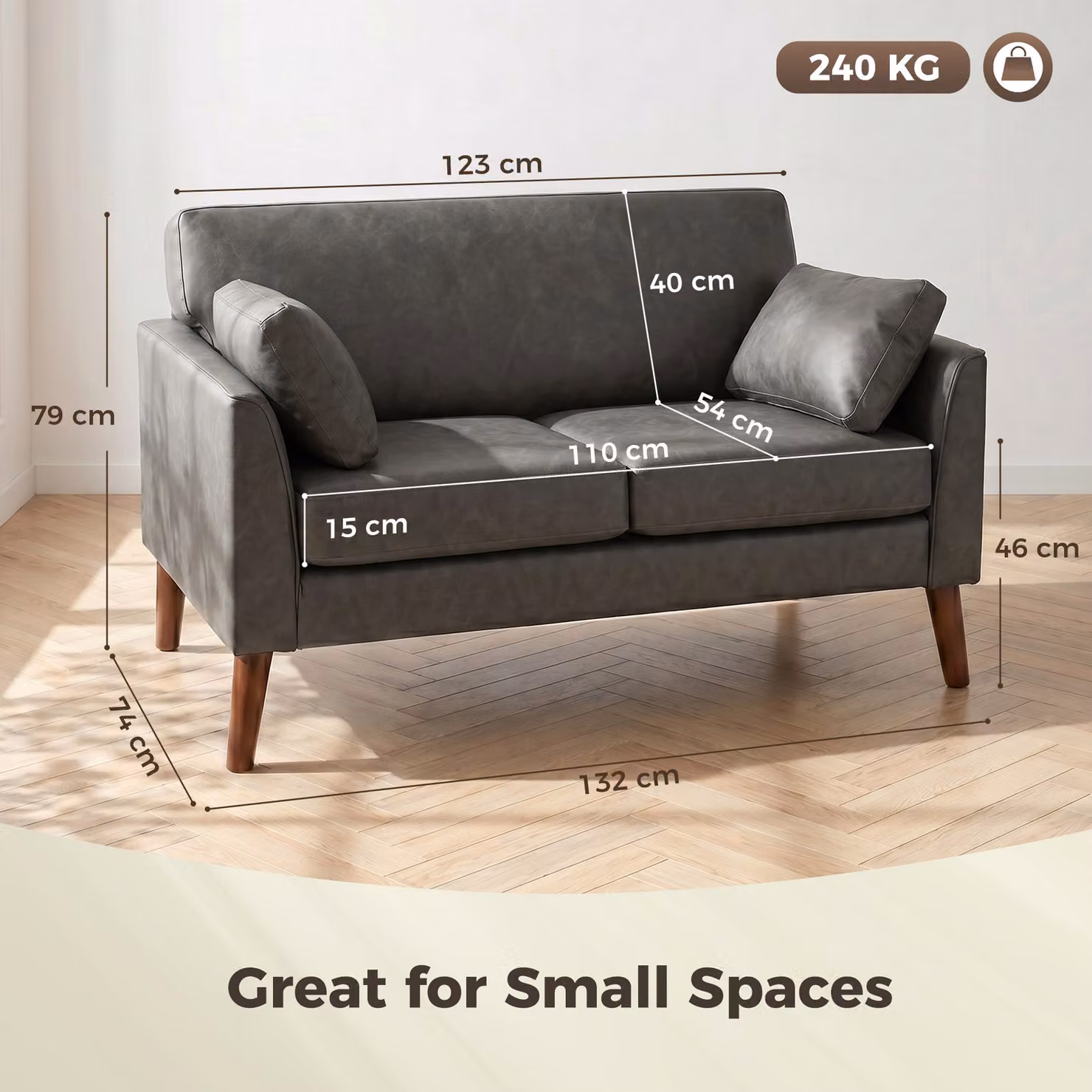 HOMCOM 2 Seater Modern Small Sofa in Grey with Synthetic Leather Upholstery and Solid Wood Legs, W: 132 cm – 3