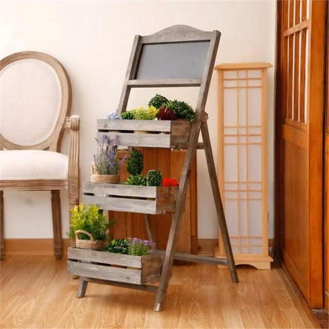 Nordara 3-Tier A-Frame Chalkboard Sign with Shelf and Plant Stand in Brown
