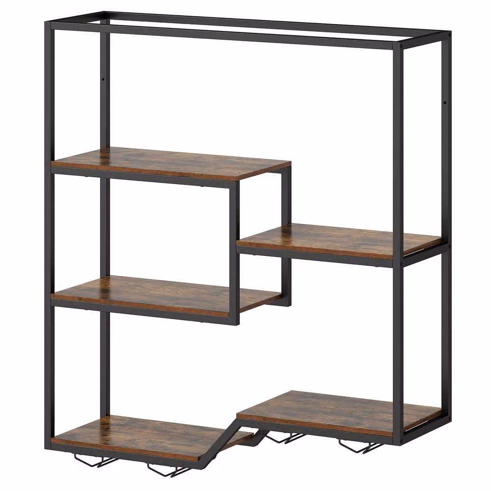 Costway 5-Tier Wall Mounted Industrial Wine Display Shelf with Glass Holders in Brown – 10