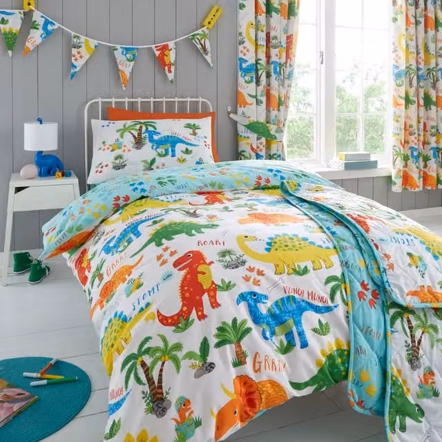 Happy Linen Company Reversible Dinky Dino Kids Bedding Duvet Cover and Pillowcase Set, Multicolour Green, Duvet Cover: 200 x 200 cm, Pillowcase: 50 x 75 cm