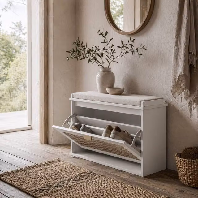Wyld Haus Kekami White Boho Shoe Bench with Cushioned Seat and Rattan Flip Drawer – 1