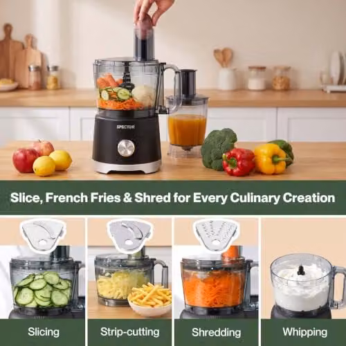 Spector Food Processor 1500W with 2.5L Bowl and 1.5L Glass Jug, Black – 9